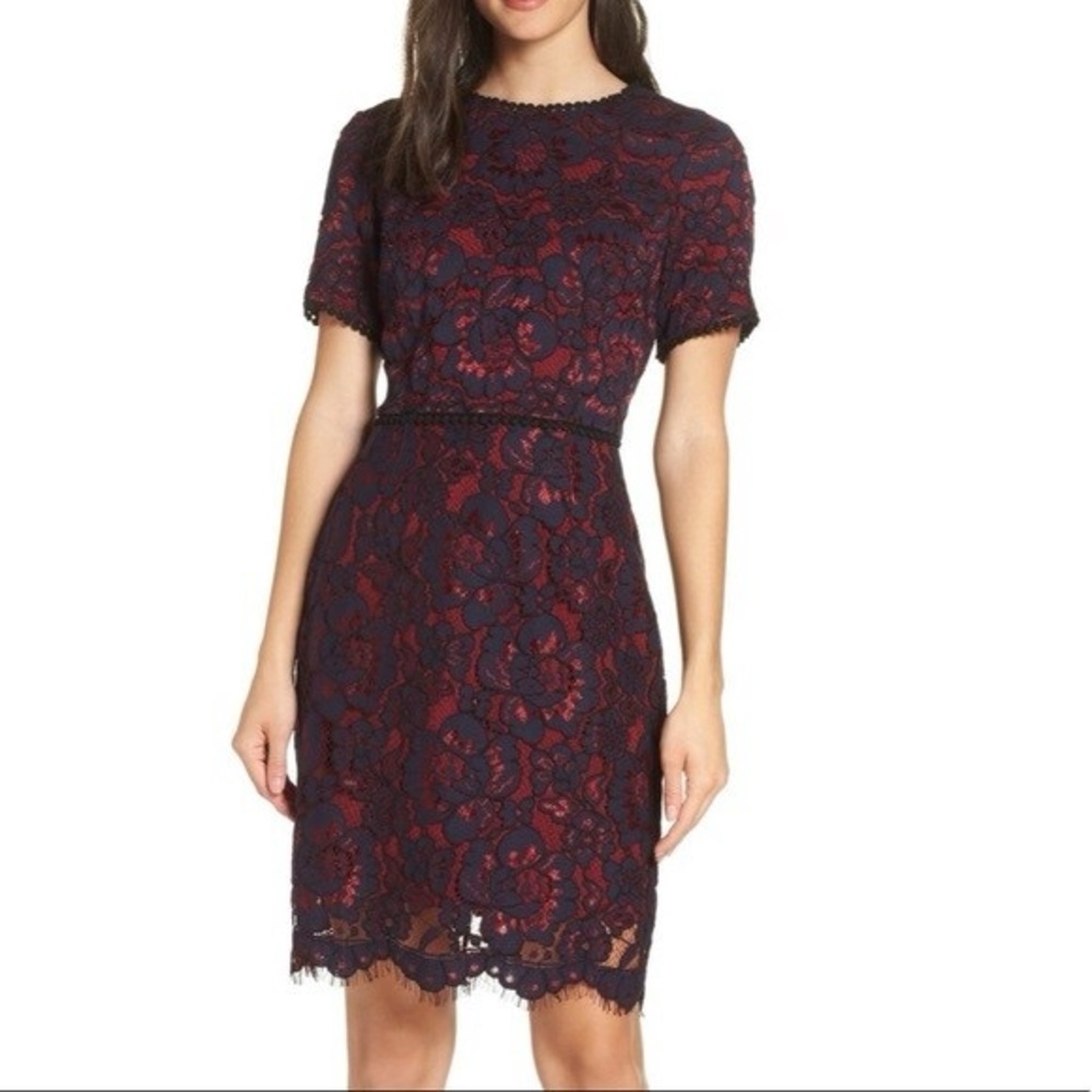 Charles Henry Navy and Red Lace Midi Dress